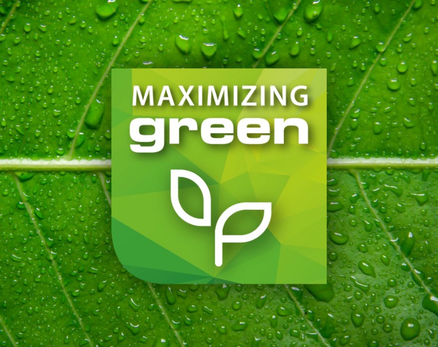 Grünes Blatt mit abperlendem Wasser, darauf das Maximizing green Icon