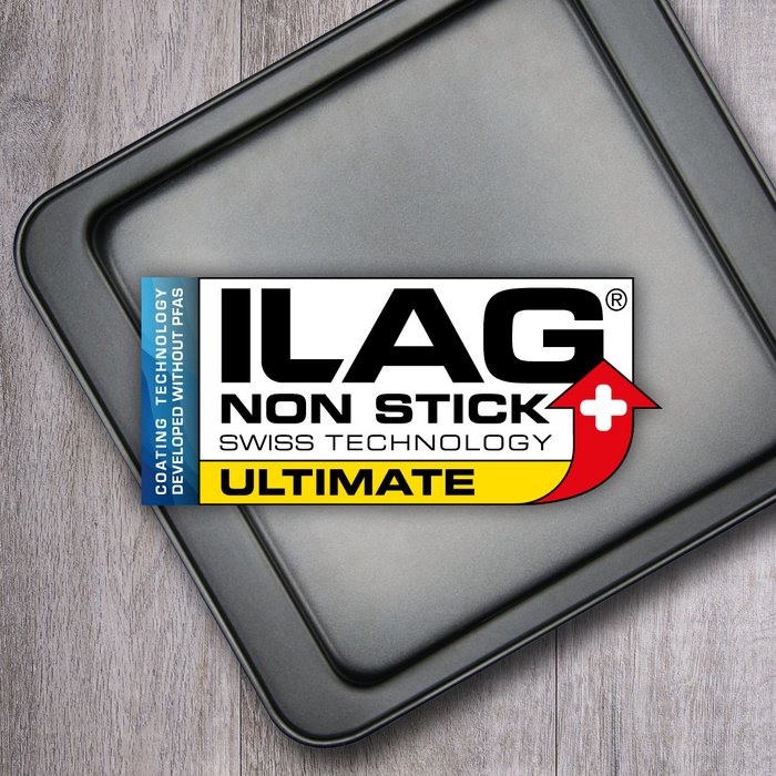 Black coated inside of a square baking tray - ILAG logo with yellow shaded Ultimate lettering and on the left hand side an extra labeling "PFAS-FREE" in blue