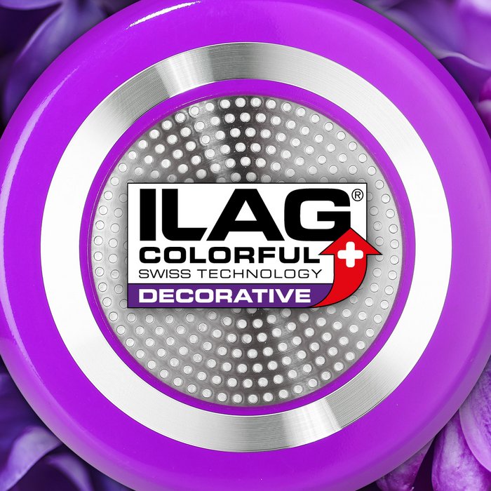 Purple outside of a frying pan - ILAG logo with purple shaded Decorative lettering in the center of the base of the pan