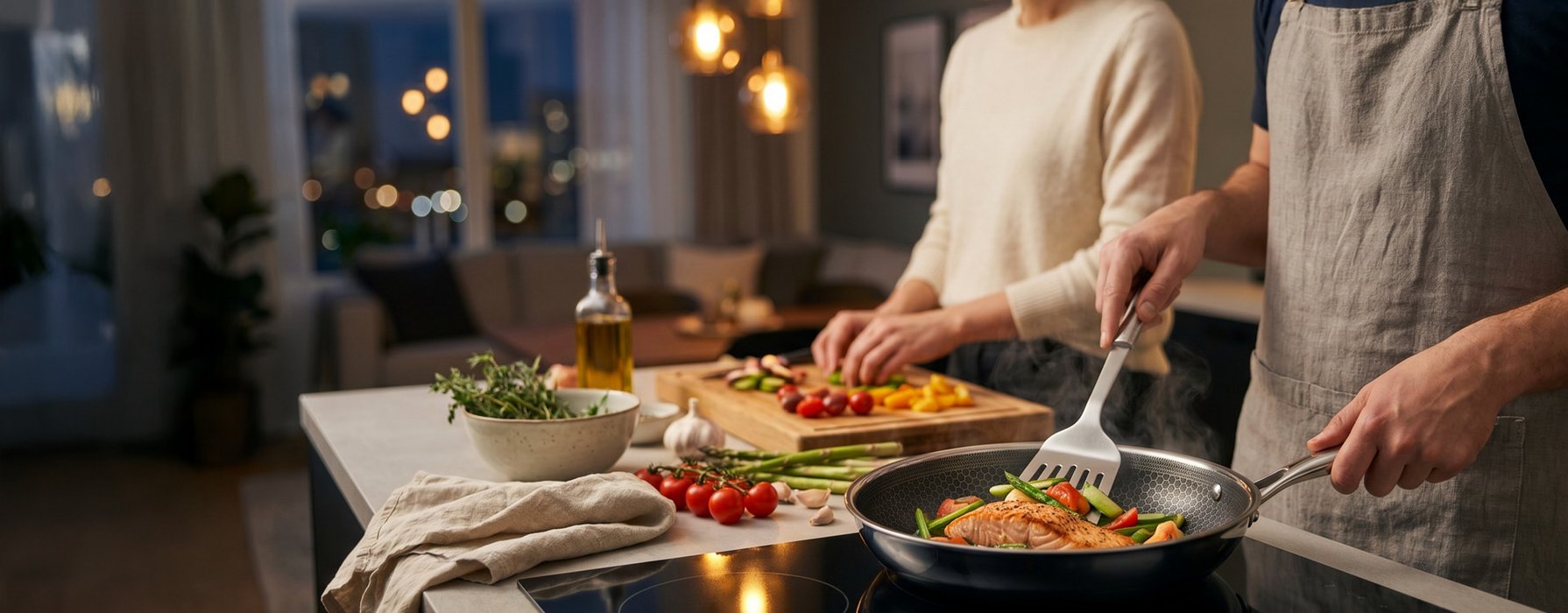 Zwei Personen kochen in einer modernen Küche, eine Person brät Gemüse in einer Pfanne mit Wabenstruktur.