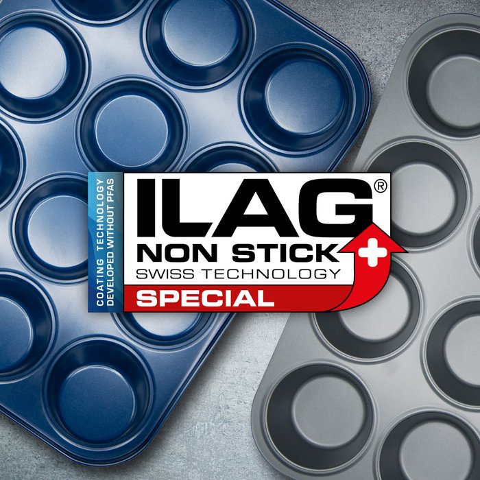 Inside of two muffin trays in royal blue and anthracite - ILAG logo wiht red shaded Special lettering in the center and on the left hand side an axtra labeling "PFAS-FREE" in blue