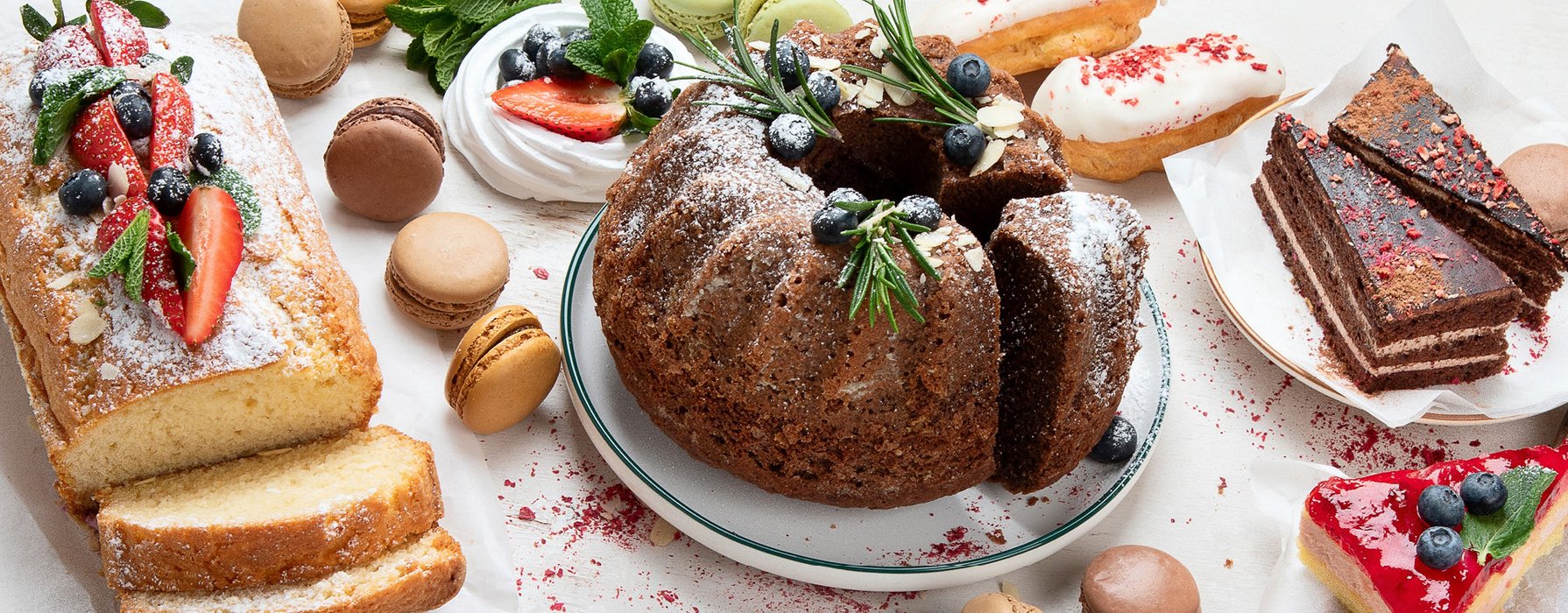 Selection of pieces of cake and pastries