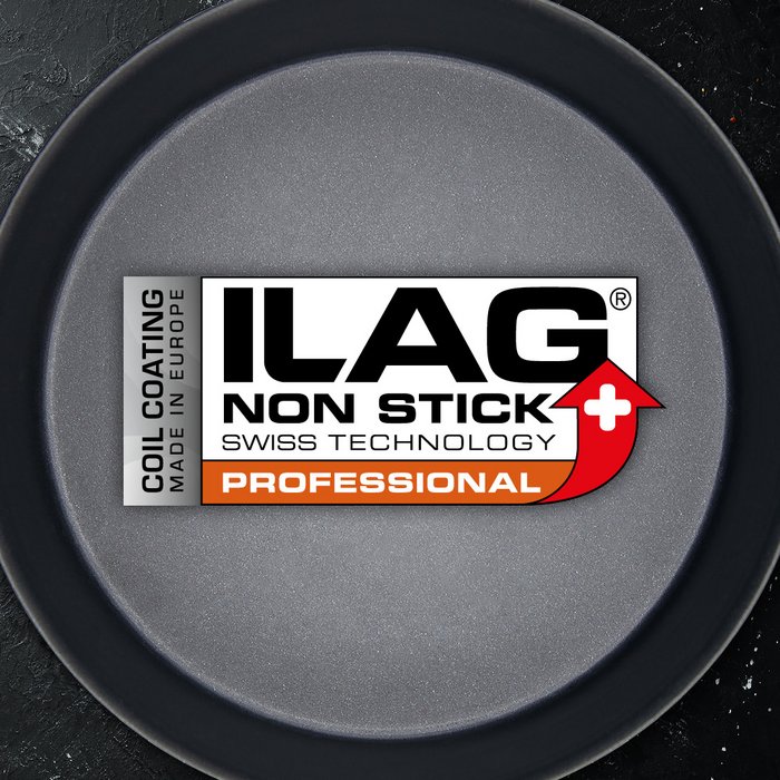 Black coated inside of a baking tray . ILAG logo with orange shaded Professional lettering in the center.