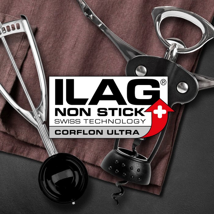 Corkscrew with a black coated screw and an ice cream scoop with a black coated spoon are laying next to each other on the table - ILAG logo with grey shaded Corflon Ultra lettering in the center
