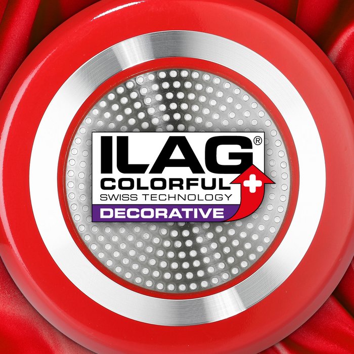 Red Outside of a frying pan - ILAG logo with purple shaded Decorative lettering in the center of the base of the pan