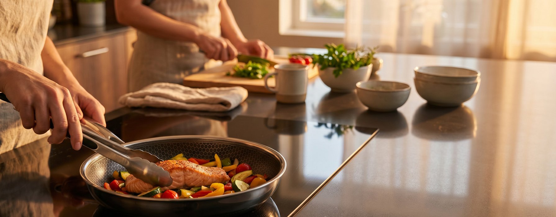 Kochszene in der modernen Küche mit Lachs und buntem Gemüse in einer Pfanne, während jemand schneidet.