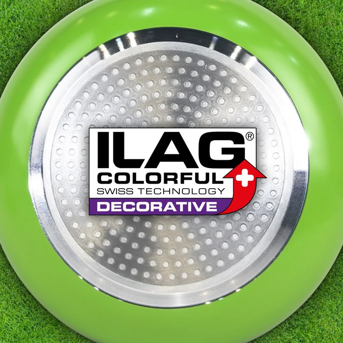 Green outside of a frying pan - ILAG logo with purple shaded Decorative lettering in the center of the base of the pan