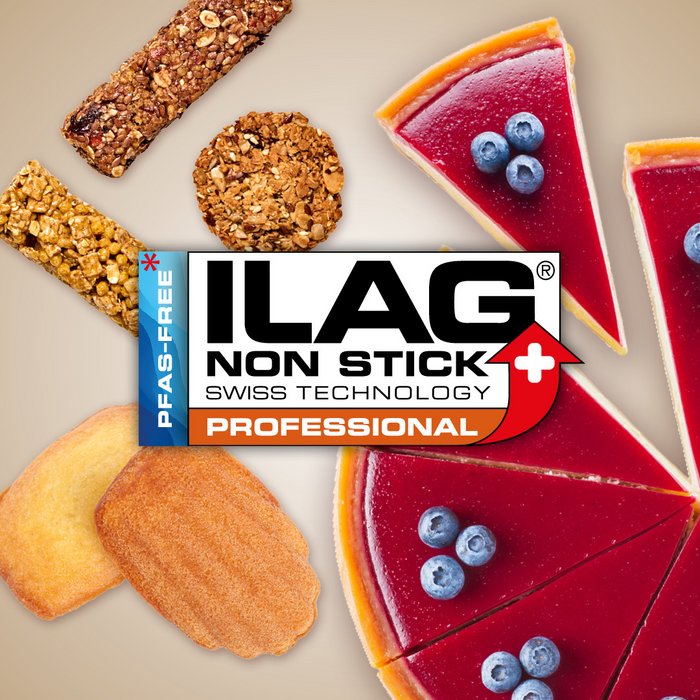 Selection of madeleine, sliced cheese cake with blueberries and cereal bars - ILAG logo wiht orange shaded Professional lettering in the center and on the left hand side an extra labeling "PFAS-FREE" in blue