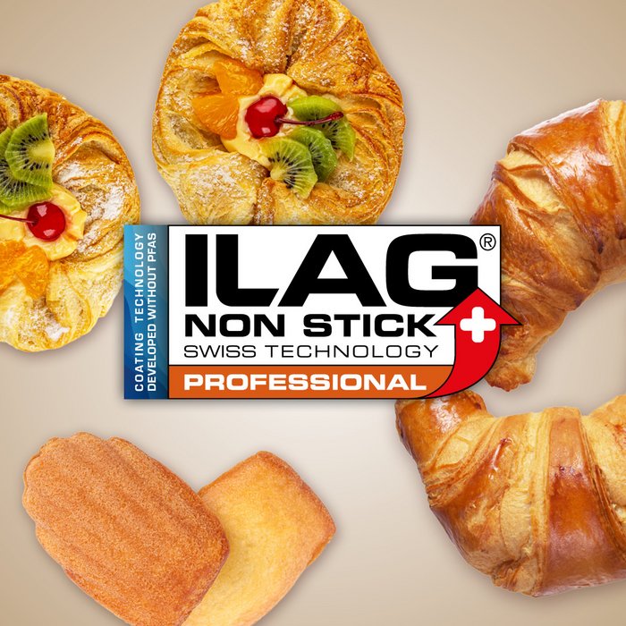 Auswahl an Blätterteig-Früchtetörtchen, Laugen Croissants und Schmelzbrötchen in Muschelform - mittig das ILAG Logo mit orange unterlegtem Professional Schriftzug und links zusätzlicher Beschriftung "PFAS-FREE" in blau
