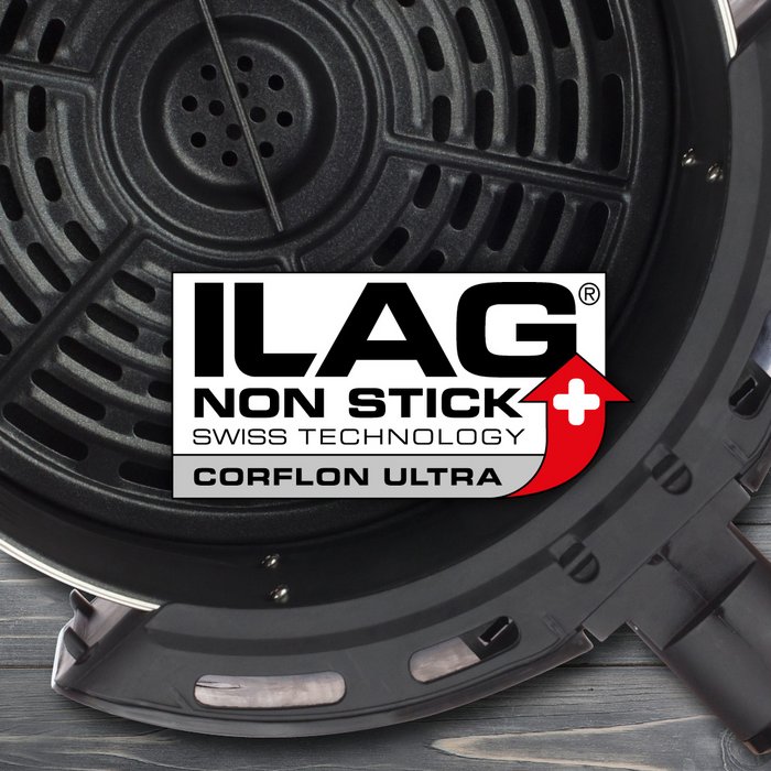 Black coated basket of an airfryer - ILAG logo with grey shaded Corflon lettering in the center