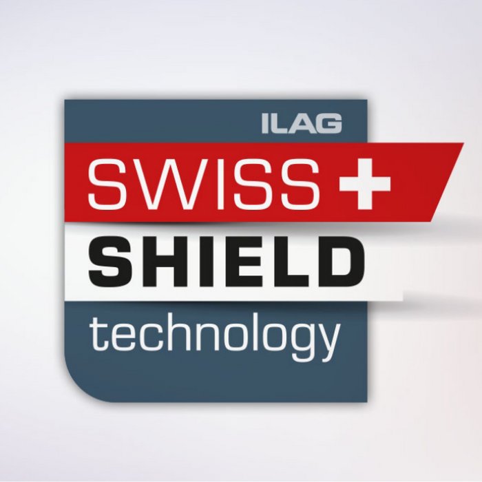 Logo in quadratischer Form mit dunkelgrauem Hintergrund, darüber der Swiss Shield technology Schriftzug in weiss und das Schweizer Kreuz auf rotem Grund