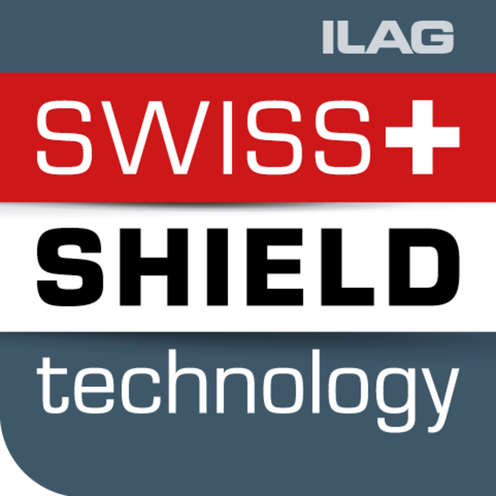 Logo in square shape with dark grey background - above of it the Swiss Shield technology lettering in white and the Swiss cross on a red base