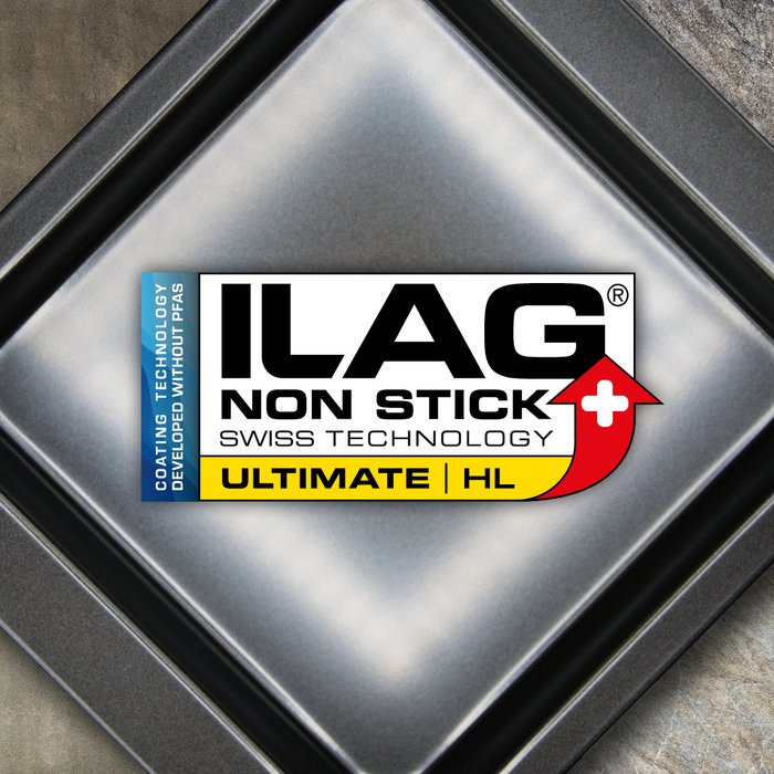 Black coated inside of a square baking tray - ILAG logo with yellow shaded Ultimate lettering and on the left hand side an extra labeling "PFAS-FREE" in blue