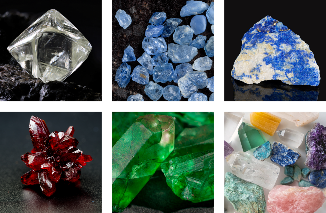 Six pictures with crystals in different colors