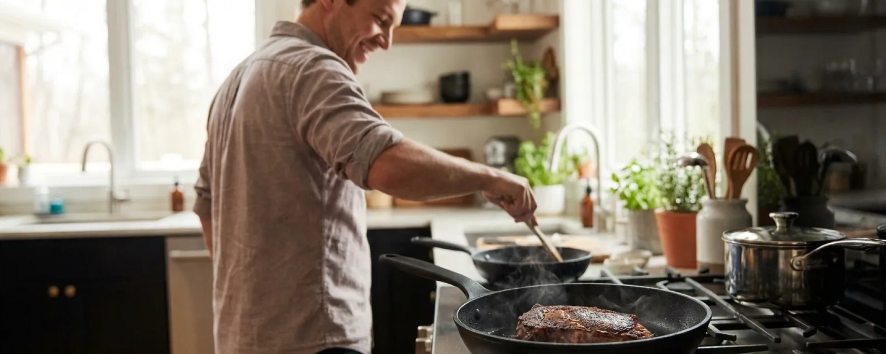 A man is cooking a steak in a pan in a modern kitchen with plants in the background.