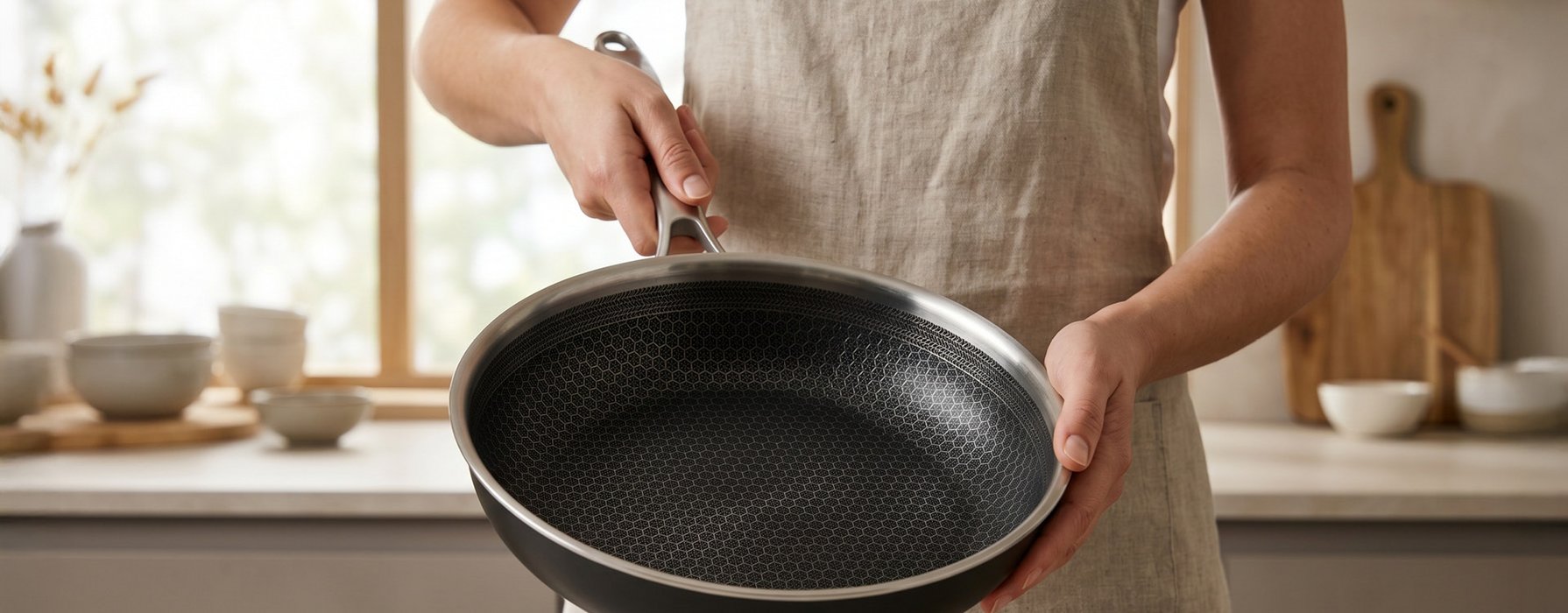 Hand hält eine schwarze, mit Honigwaben-Struktur versetzte Pfanne, ideal für gesundes Kochen.