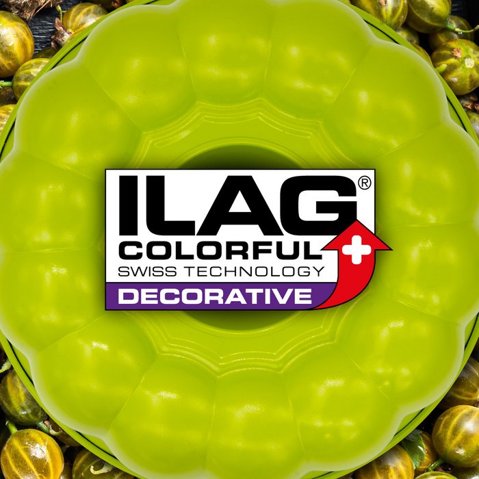 Hellgrüne Aussenseite einer Gugelhupfform - mittig das ILAG Logo mit violett unterlegtem Decorative Schriftzug